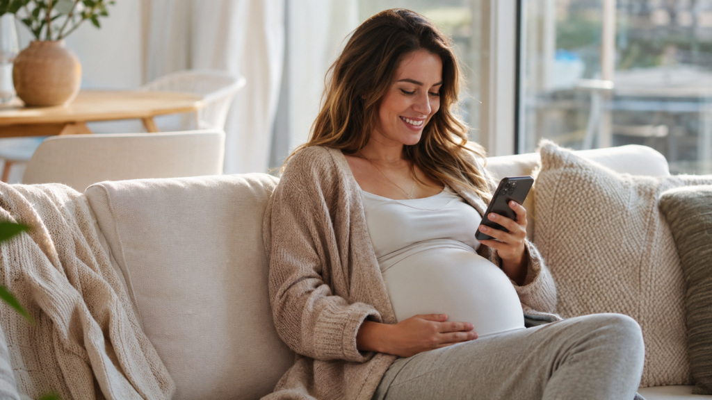surrogate monitoring appointments — warm portrait of a smiling pregnant woman checking her phone calendar on a sunlit sofa at home