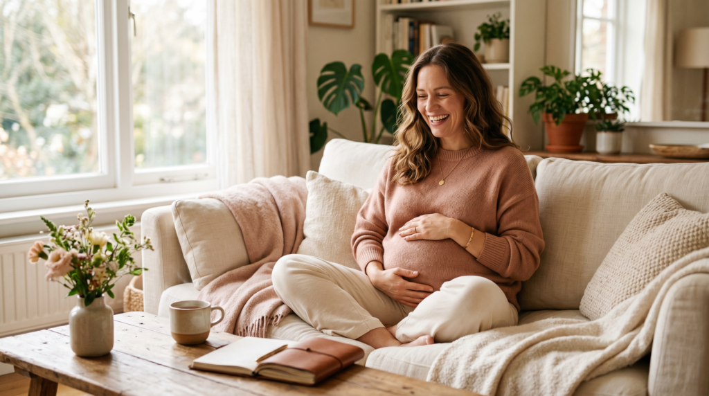 surrogate pay 2026 — warm portrait of a smiling pregnant woman relaxing on a sofa at home, soft natural light, cup of tea on the coffee table beside her