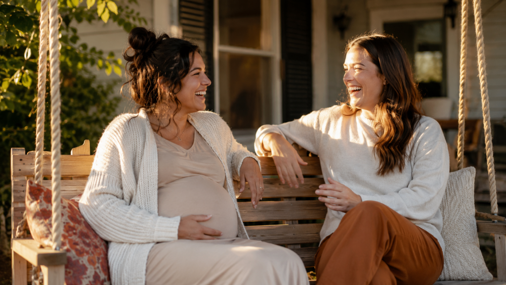surrogate relationship intended parents — pregnant woman and another woman laughing together on a porch swing