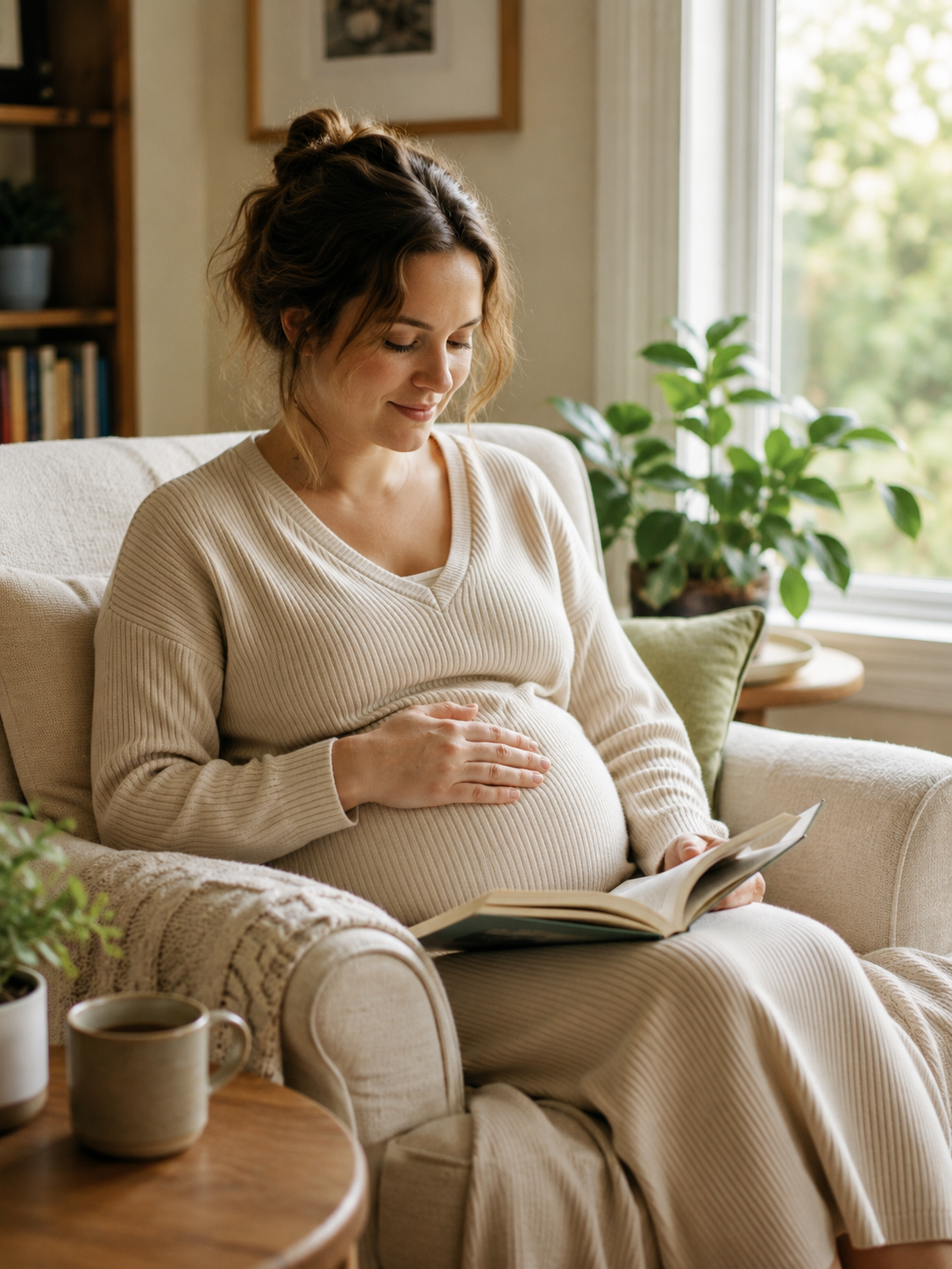 surrogate relationship with baby — pregnant woman in chair reading, soft light