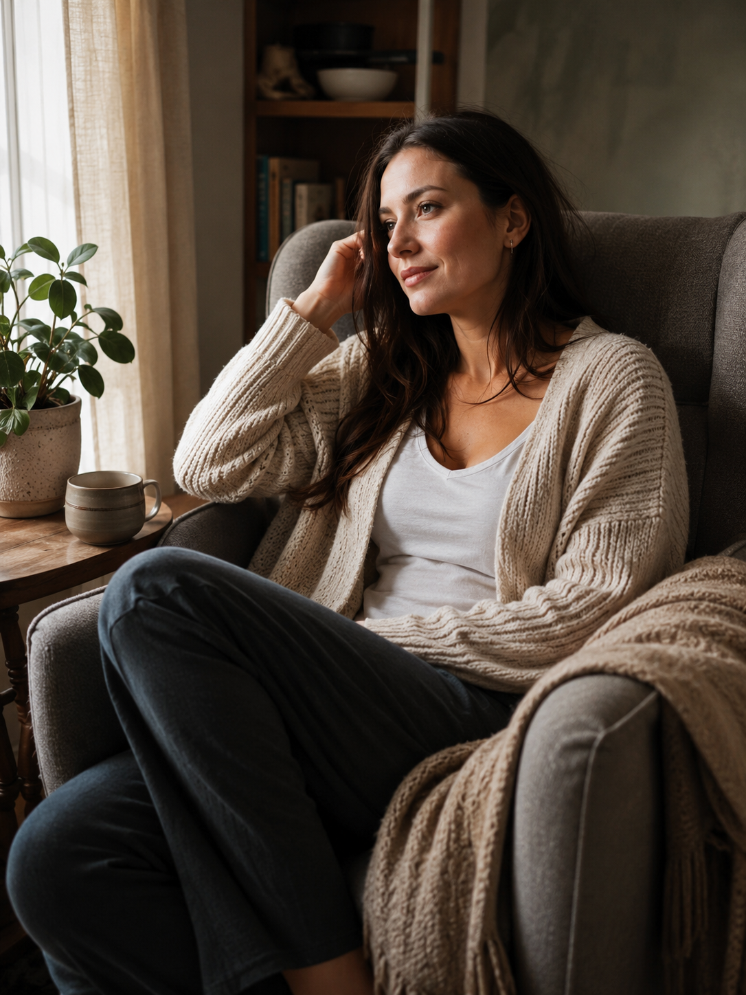 surrogate relationship with baby — woman relaxing at home, peaceful and reflective after delivery