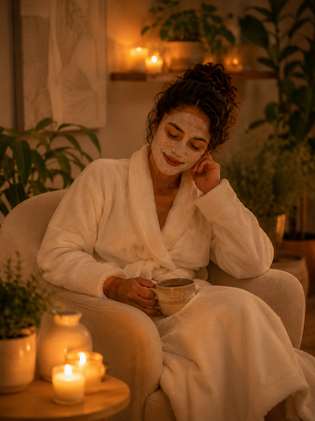 surrogate self care — woman relaxing at home with skincare mask, protecting her mental health