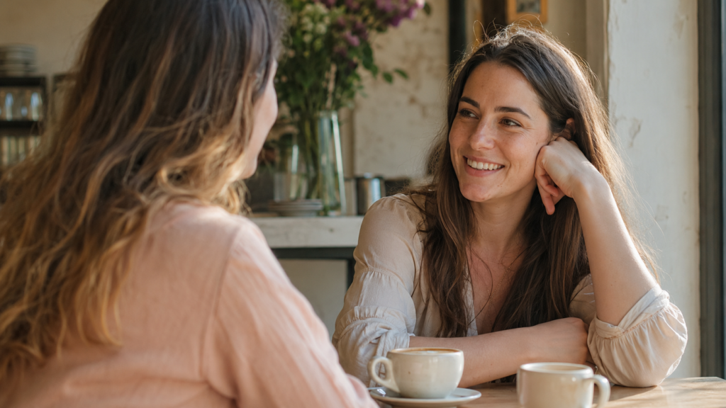 surrogate support community — two women sharing a warm conversation over coffee at a sunlit cafe table